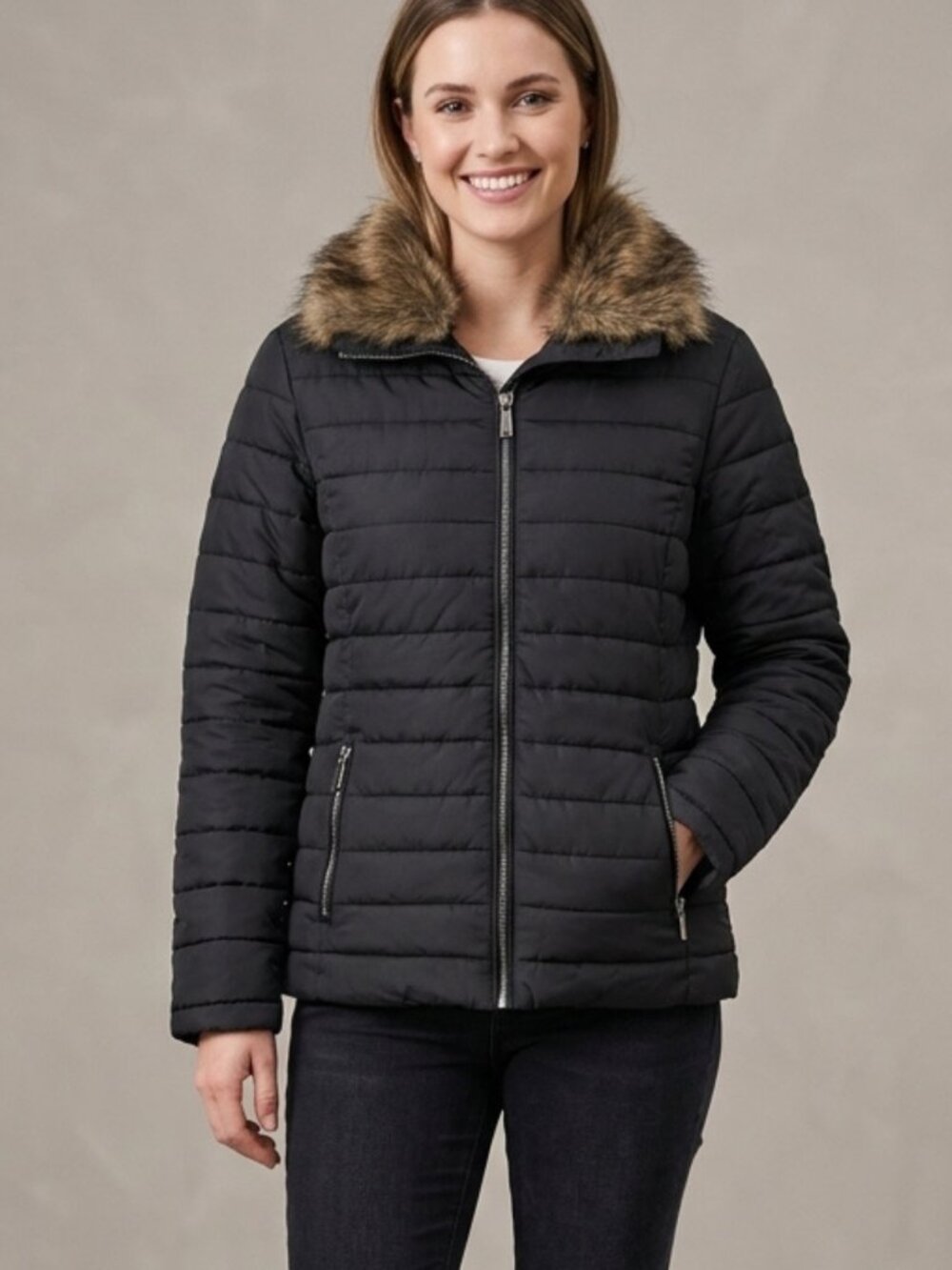 NWOT Black Quilted Puffer Jacket with Faux Fur Collar Large